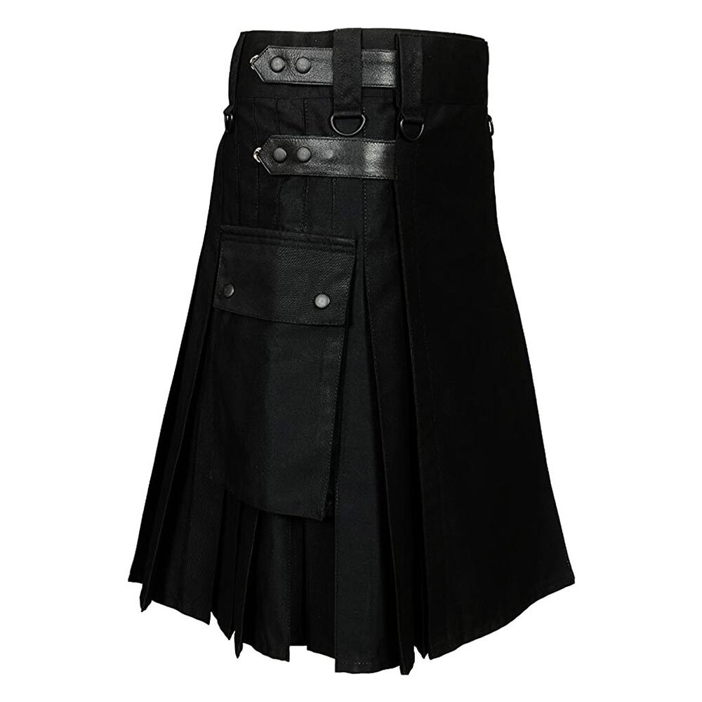 Men’s Scottish Style Black Cotton Utility Kilt Adjustable Leather Straps